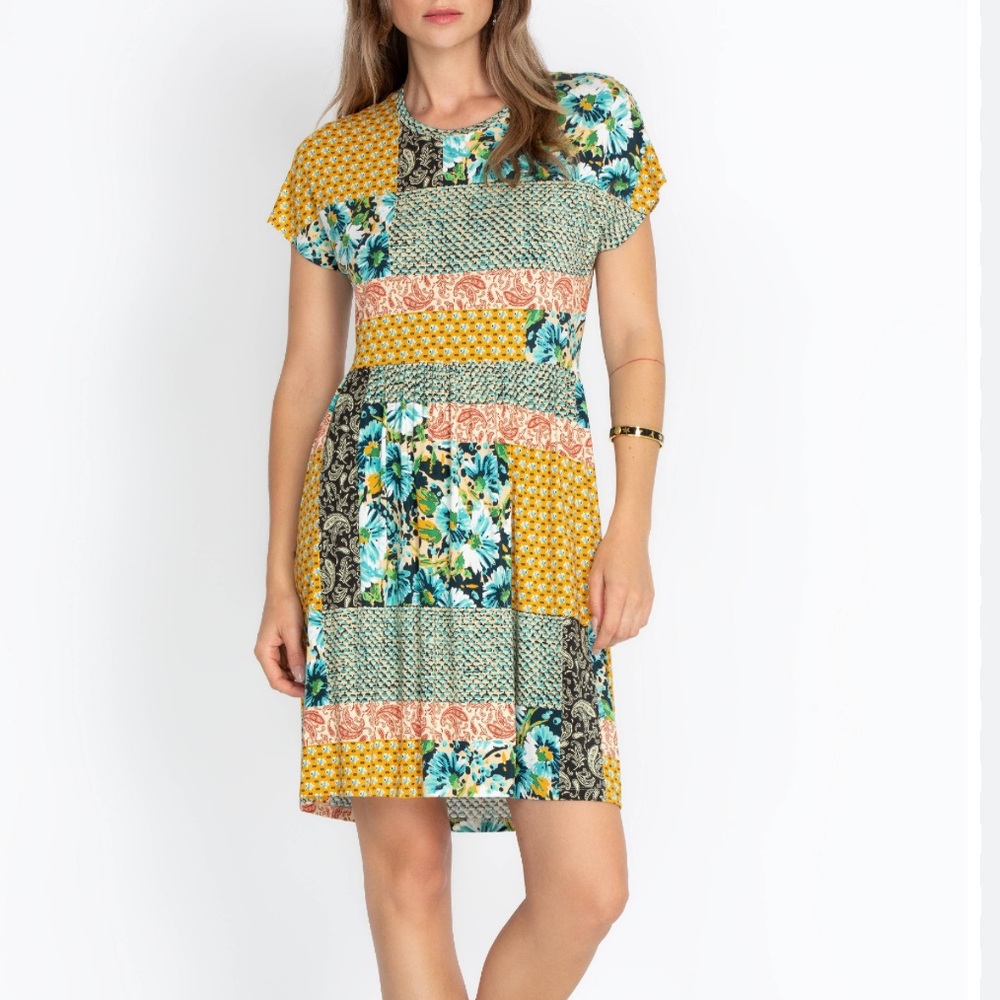 Johnny Was Yellow & Teal Patchwork Floral Mini Dress